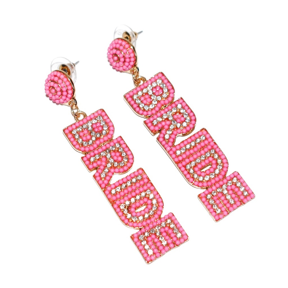 Pink Bead Bride Earrings Seed Bead Rhinestone